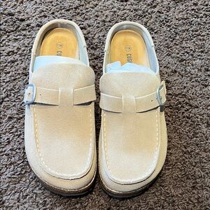 NIB Taupe Suede Slip-On Loafers with Buckle